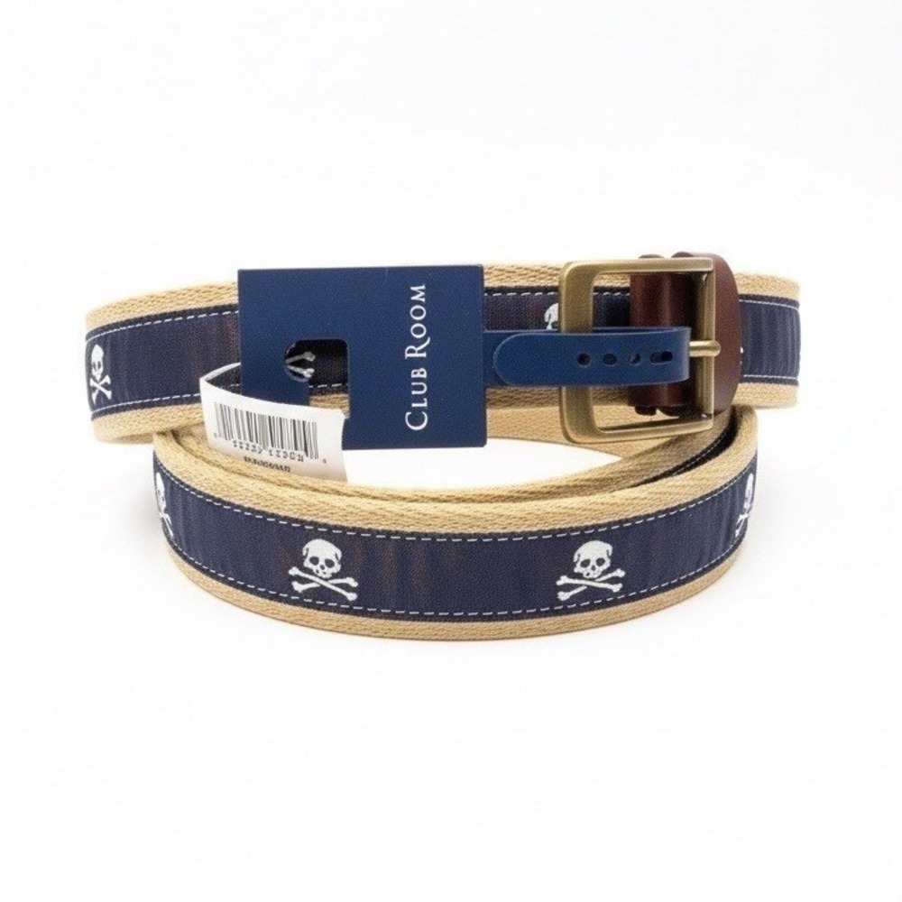 Club Room Mens Navy Skull Crossbones Canvas Belt, Size Small‎ 30-32, NWT
